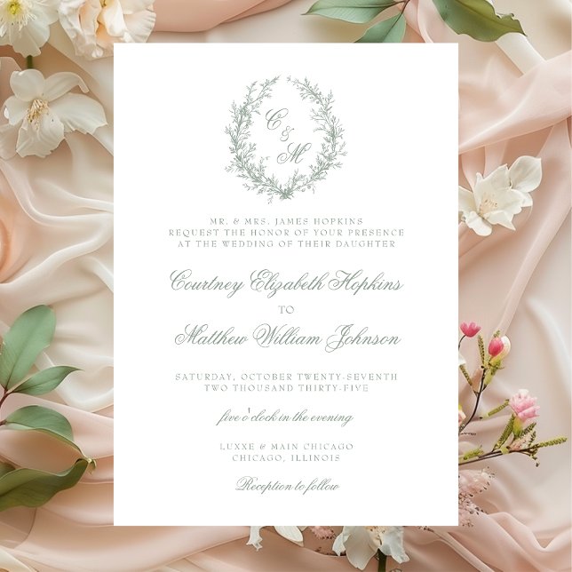 Invitation Mariage au blason botanique monochrome vert sauge (Créateur téléchargé)