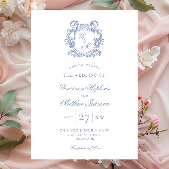 Invitation Mariage au Blason de Monogramme Bleu Poussiéreux É (Créateur téléchargé)