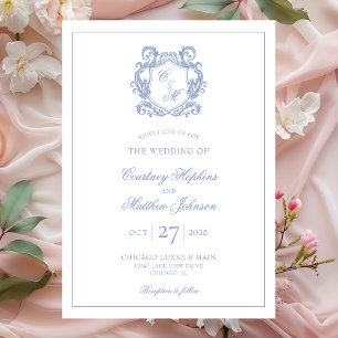 Invitation Mariage au Blason de Monogramme Bleu Poussiéreux É