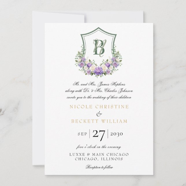 Invitation Mariage au blason floral blanc violet (Devant)