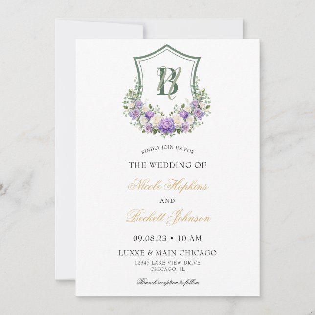 Invitation Mariage au blason floral blanc violet (Devant)