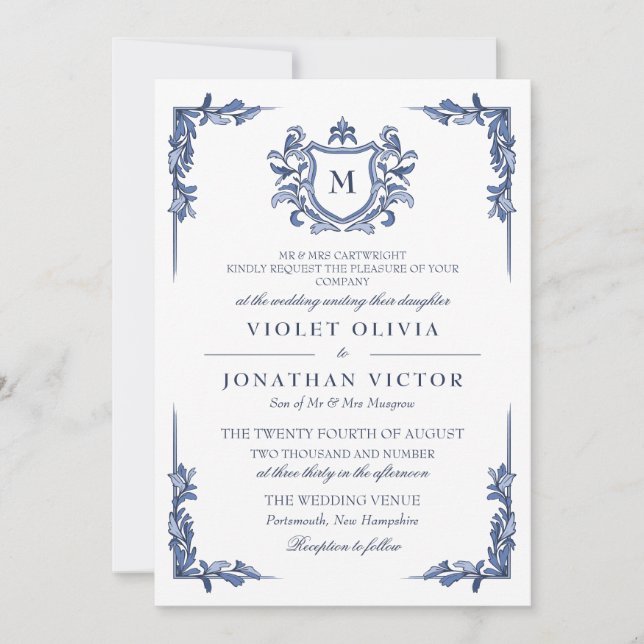 Invitation Mariage au Blason Vintage Bleu Monogramme (Devant)