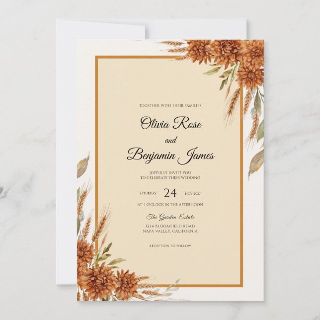 Invitation Mariage au blé séché Eucalyptus Rouille (Devant)