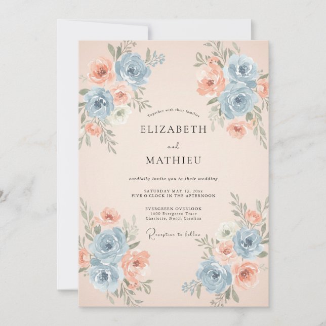 Invitation Mariage au bleuet, abricot, ranunculus et eucalypt (Devant)