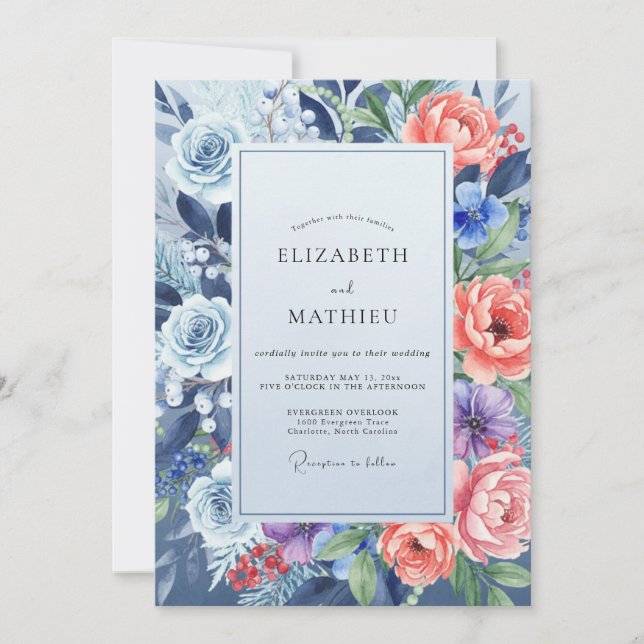 Invitation Mariage au bleuet et feuillage de corail d'eucalyp (Devant)