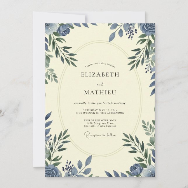 Invitation Mariage au Bleuet Eucalyptus au Feuillage Ardoise (Devant)