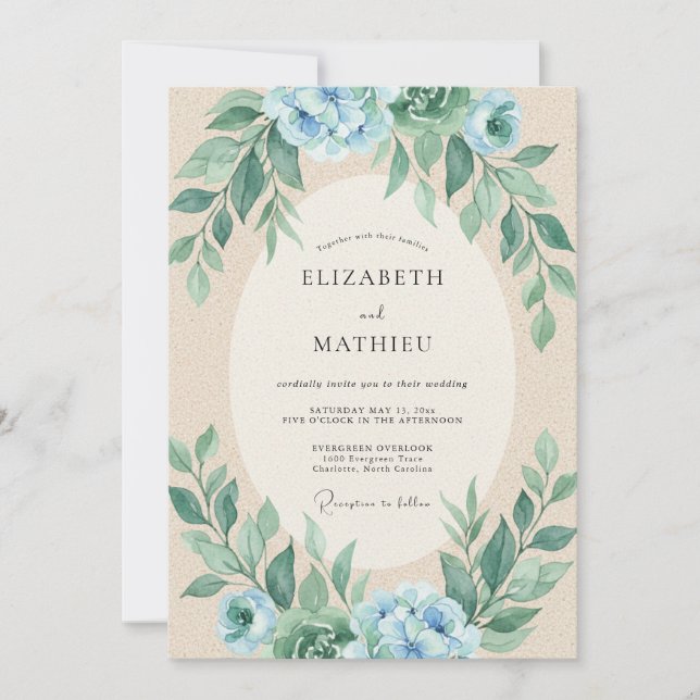 Invitation Mariage au bleuet, eucalyptus et feuillage Seafoam (Devant)