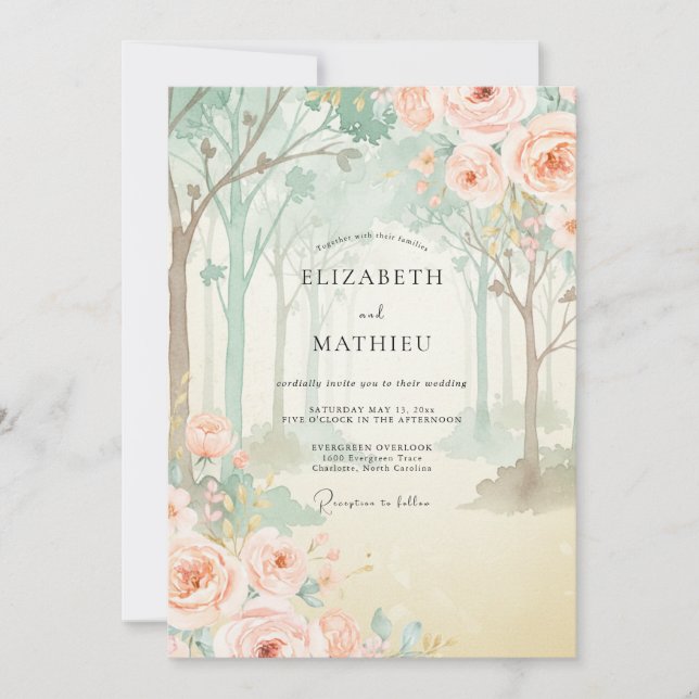 Invitation Mariage au bois de eucalyptus corail menthe (Devant)