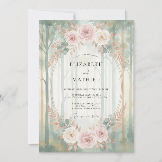 Invitation Mariage au bois de menthe rose (Devant)