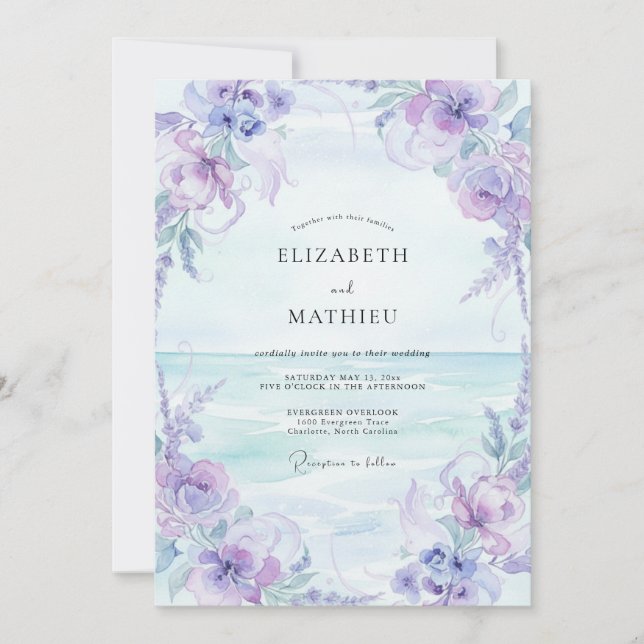 Invitation Mariage au bord de la mer aux tons lilas (Devant)