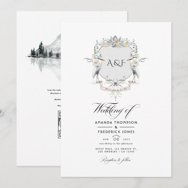 Invitation Mariage au bord du lac avec monogramme et couronne (Devant / Derrière)