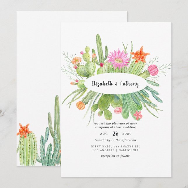 Invitation Mariage au Cactus Aquarelle (Devant / Derrière)
