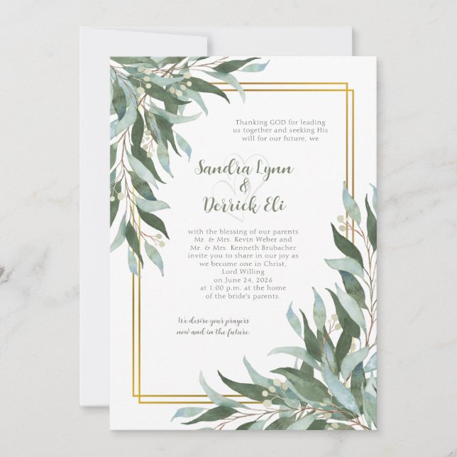Invitation Mariage au Cadre Doré avec Feuillage Vert (Devant)