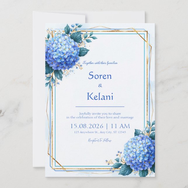 Invitation Mariage au cadre doré avec Hydrangea Bleu Poudre (Devant)