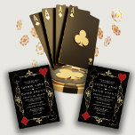 Invitation Mariage au Casino Art Déco Noir Or Poker Vegas<br><div class="desc">Conception de carte unique sur le thème de Casino Royale. Elle présente de faux fleur-de-lis dorés vintage, l'âge d'or d'Hollywood des années 20, des enseignes de cartes à jouer, sur un motif art déco doré. Un vocabulaire spécial est utilisé comme dans le jeu de poker. Au dos, motif Art Déco...</div>