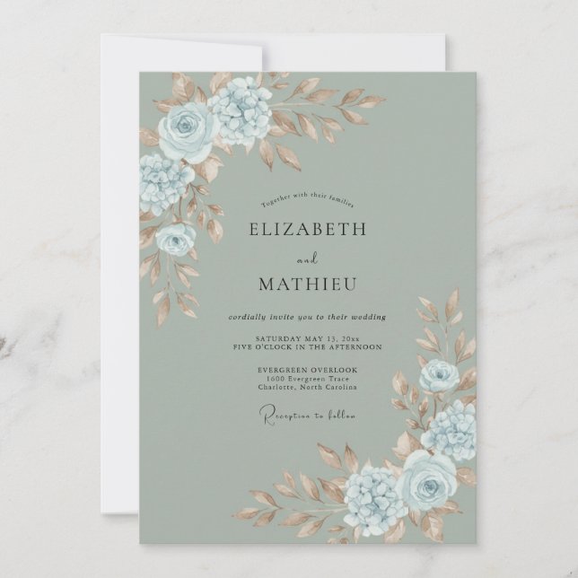 Invitation Mariage au céladon, à l'azur et au ranunculus euca (Devant)