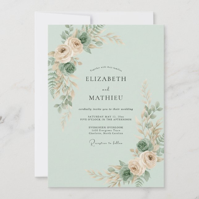 Invitation Mariage au Celadon, Pêche, Ranunculus et Eucalyptu (Devant)