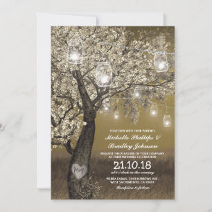 Invitation Mariage au Cerisier Rustique et Guirlandes Lumineu