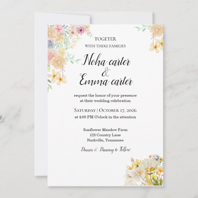 Invitation Mariage au champ de tournesols dorés papillon (Devant)