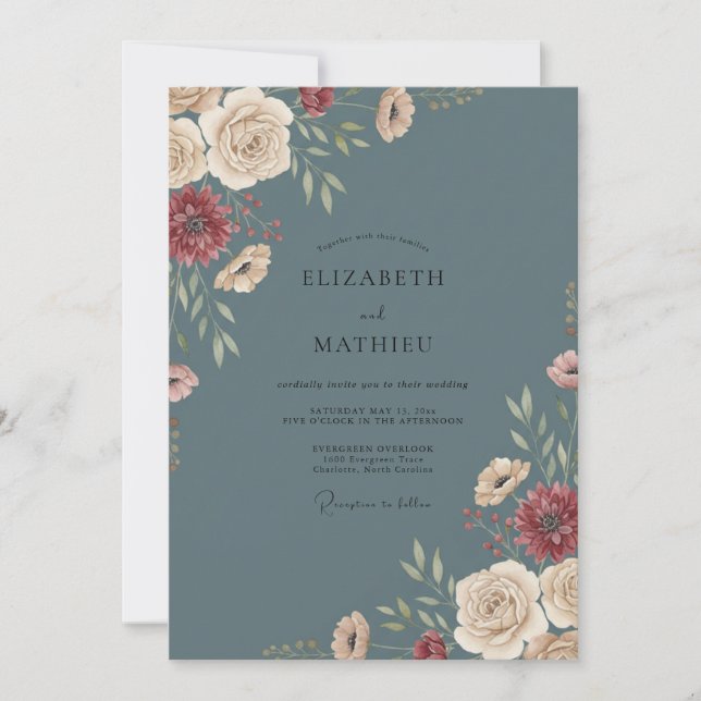 Invitation Mariage au Champagne Ardoise Zinnia Eucalyptus (Devant)