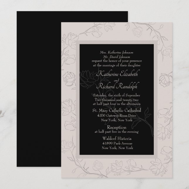 Invitation Mariage au Champagne Formel et Jasmin Noir (Devant / Derrière)