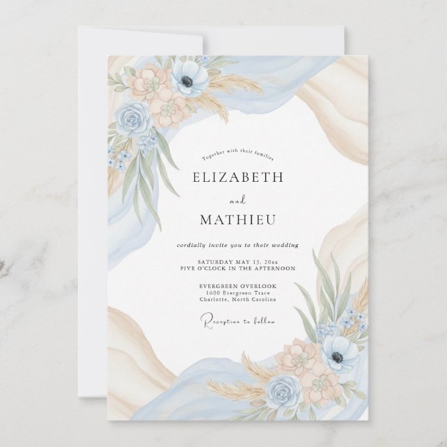 Invitation Mariage au Champagne Poudre Bleu Eucalyptus (Devant)