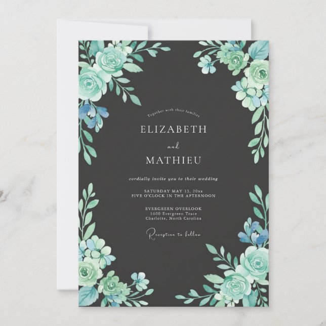 Invitation Mariage au charbon de pivoine sarcelle (Devant)