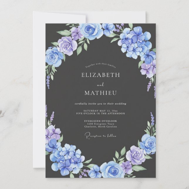 Invitation Mariage au Charbon Hydrangee Eucalyptus Pérywinkle (Devant)