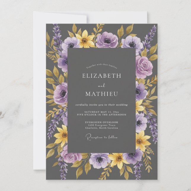 Invitation Mariage au charbon lilas jaune eucalyptus (Devant)