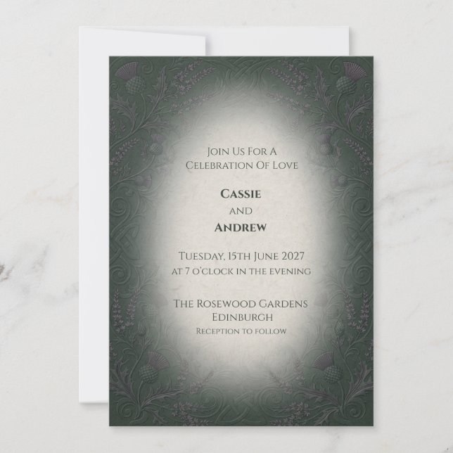 Invitation Mariage au Chardon Brumeux Vert Foncé (Devant)