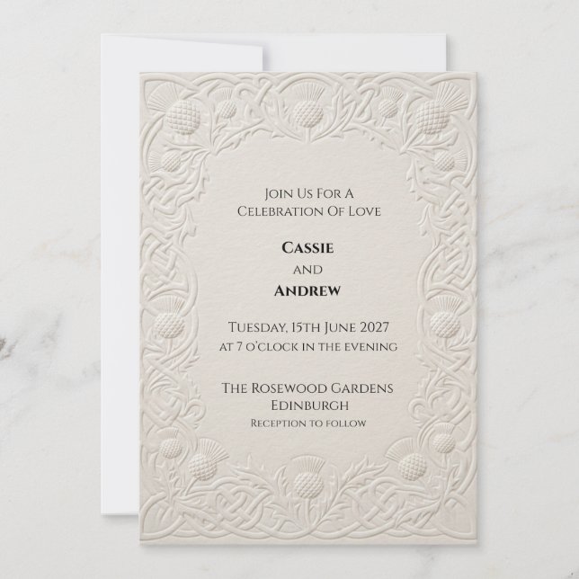 Invitation Mariage au chardon celtique ivoire embossé (Devant)