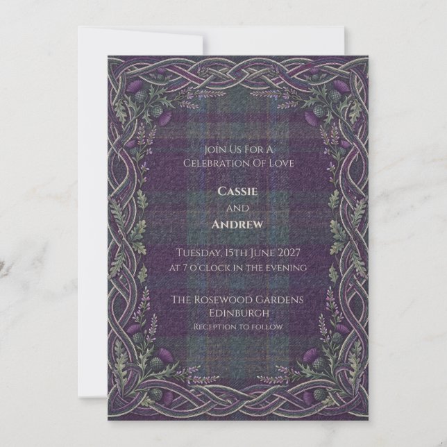 Invitation Mariage au chardon celtique tartan violet (Devant)