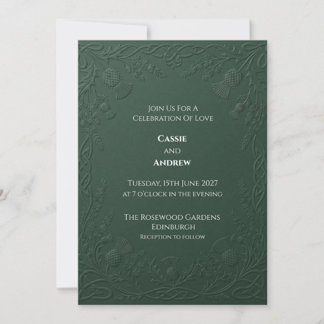 Invitation Mariage au chardon celtique vert foncé embossé (Devant)