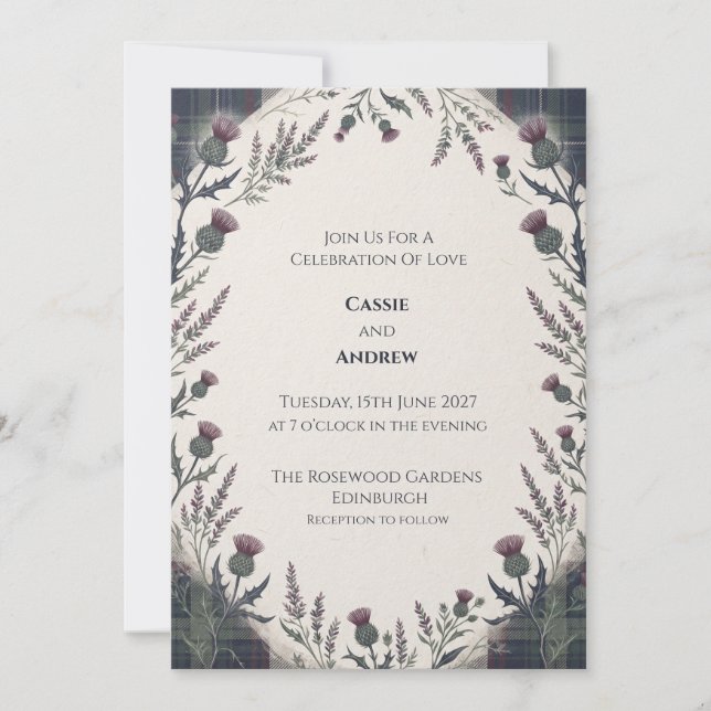Invitation Mariage au chardon tartan vert pourpre (Devant)