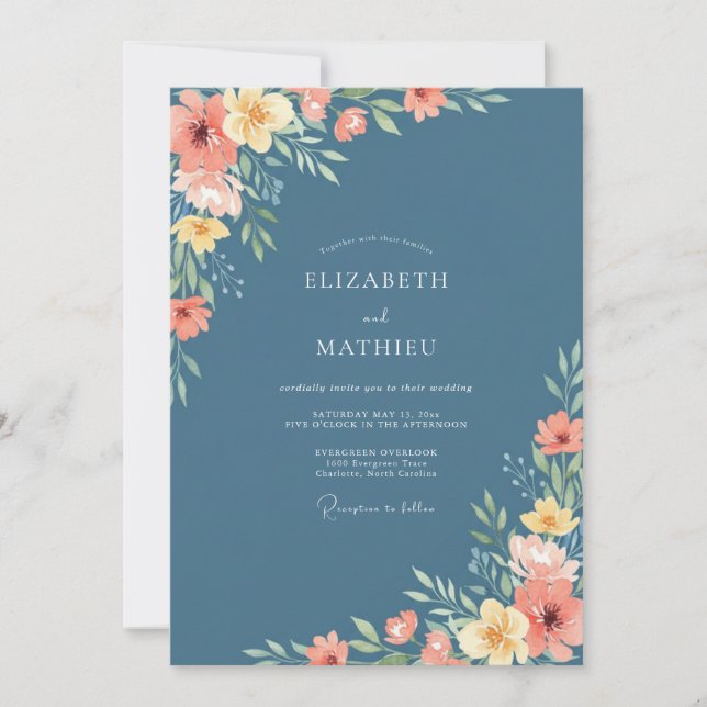 Invitation Mariage au charme floral bleu ardoise (Devant)