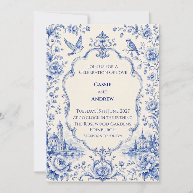 Invitation Mariage au château bleu de style chinoiserie (Devant)