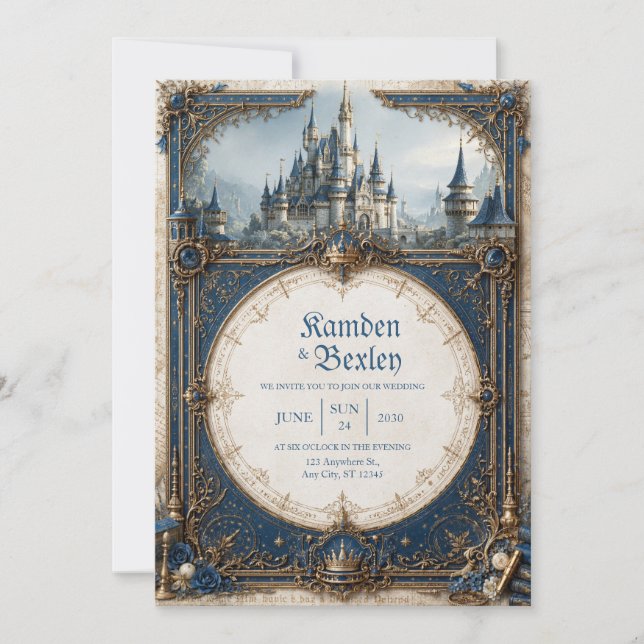 Invitation Mariage au Château Couronné de Bleu Royal (Devant)