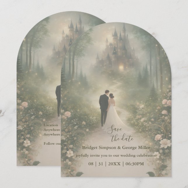 Invitation Mariage au château de conte de fée romantique, dat (Devant / Derrière)