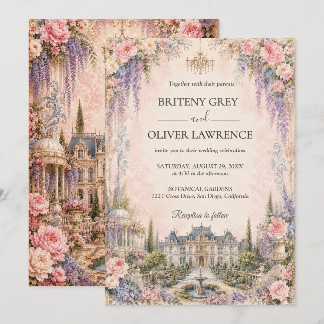 Invitation Mariage au château de conte de fées rose élégant (Devant / Derrière)