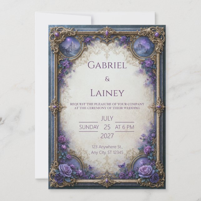 Invitation Mariage au Château de la Rose Violette Ornée (Devant)