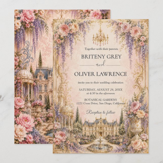 Invitation Mariage au Château de Rêve Rose Élégant (Devant / Derrière)