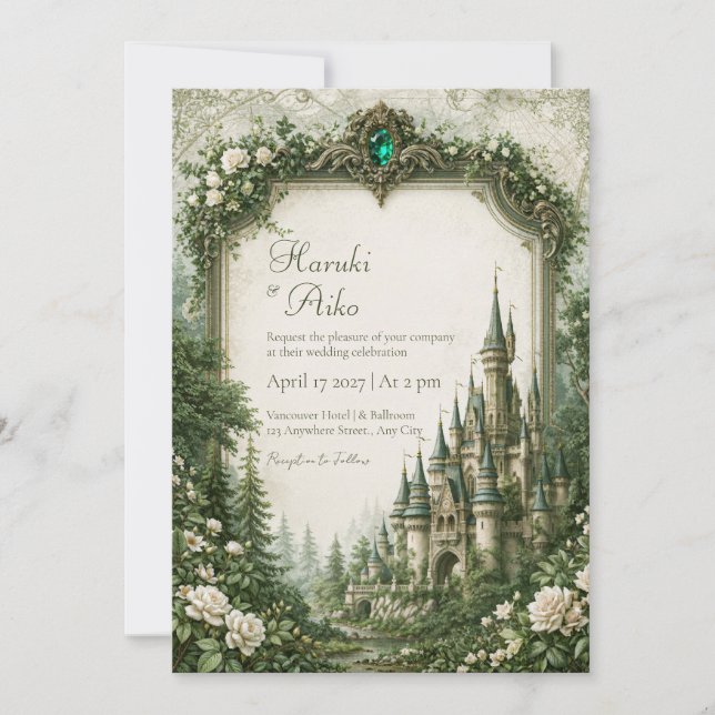 Invitation Mariage au Château Emerald Rose (Devant)
