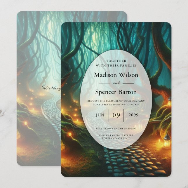 Invitation Mariage au Chemin de Lanterne de la Forêt Enchanté (Devant / Derrière)