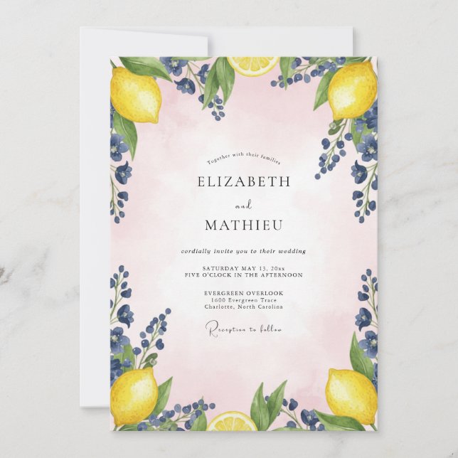 Invitation Mariage au citron Azur Rosé Eucalyptus (Devant)