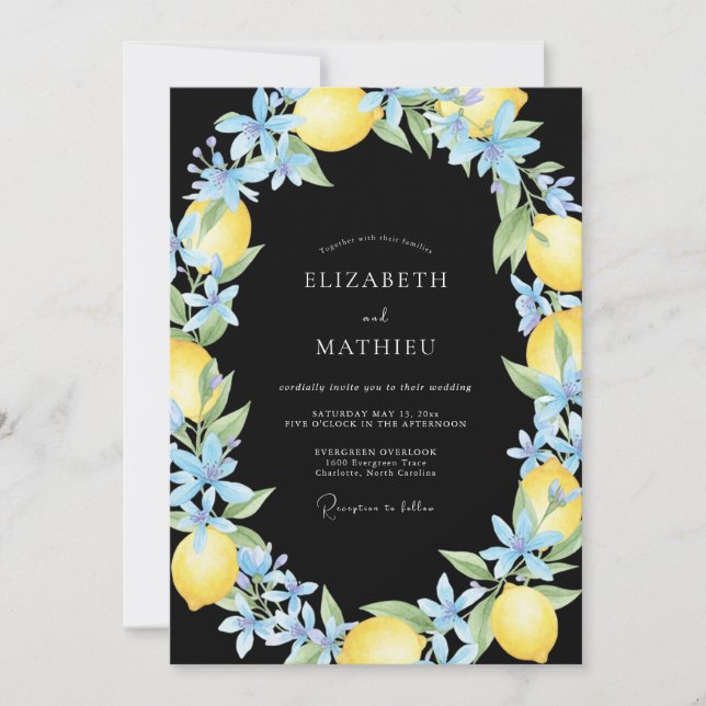 Invitation Mariage au citron bleu eucalyptus de minuit (Devant)