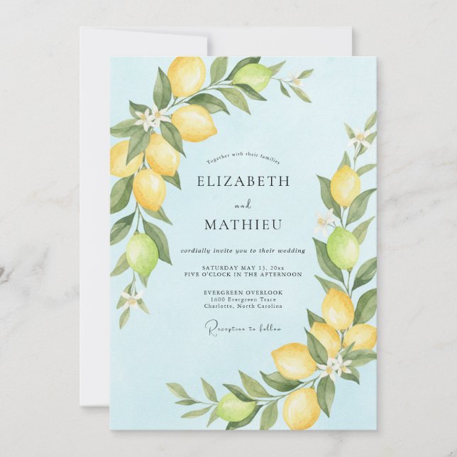 Invitation Mariage au Citron Eucalyptus Azur Clair (Devant)