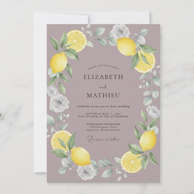 Invitation Mariage au citron eucalyptus violet subtil (Devant)