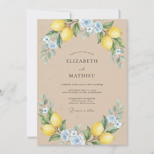 Invitation Mariage au citron jaune et à l'eucalyptus azur (Devant)