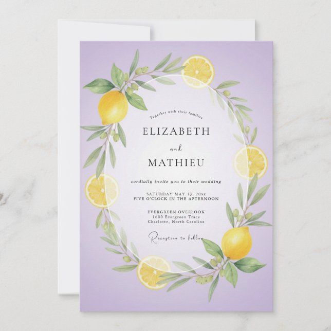 Invitation Mariage au Citron Lilas Doux et Eucalyptus (Devant)