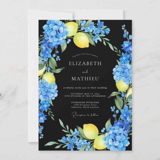Invitation Mariage au Citron Noir Hydrangea Eucalyptus (Devant)